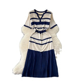 Fongt Version Of Fashion V-Neck Short-Sleeved Striped Knitted Dress Women Thin Senior Sense 100-Folded Dress Women Summer