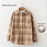 Spring Vintage Woolen Plaid Jackets Full Sleeve Turn-Down Collar Button Up Pockets Shirts Autumn Casual Basic Outwear