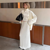 Fongt Wind Solid Color Knitted Dress Female Spring And Autumn Temperament Waist Long Sleeve Long Skirt
