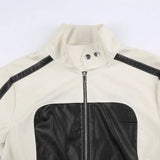 Color Block Zipper Faux Leather Moto Jacket-Outfit