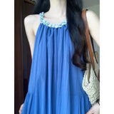 Fongt Gentle And Casual Retro Elegant Blue Dress 2025 Summer New Fashion Design Feel Sleeveless Long Dress