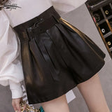 New Autumn Winter Black PU Faux Leather Women Shorts Sashes High Waist Wide Leg Shorts Elegant Female Solid Trousers