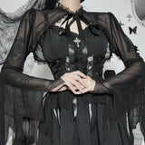 Dark Style Short-Style Perspective Blouse Women's Lace Spliced Tie-Up Burnt Cuff Blouse From Stock-Outfit