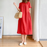Fongt New Leisure Spring And Summer Loose Skirt Short Sleeve Round Neck Solid Cotton Linen Dress