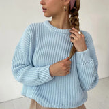 Sweater Streetwear Knitted Solid Ladies Sweater Elegant Jumper Long Sleeve O-neck Pullover Pink Top Winter Autumn