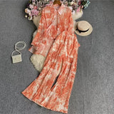 Fongt Suit Female Korean Version Of The Lantern Sleeves Loose Single-Chamed Dizzled Dyed Printed Shirt Three Sets Of High-Rise Broad-Legged Trousers