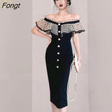 Han Queen Elegant Slash Neck Office Pencil Dress Women Korean Slim Single-breasted Sheath Dresses Work Bodycon Vestidos