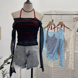 Fake Two Hanging Neck Sling Long-Sleeved T-Shirt Two Sets Of Thin Outer Sunshield Shirt Short Oblique Shoulder Coat