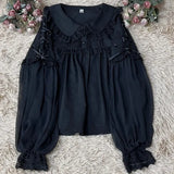 Style Sweets Lolita Blouse Women Kawaii Lace Peter Pan Collar JK Shirts Girls Chic Long Lantern Sleeve Black White Blouses-Outfit