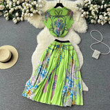 Blooming Printed Skirt Suit Women's New Thread Temperament Half-high Collar Top + Pleated Skirt Two-piece Set-Outfit
