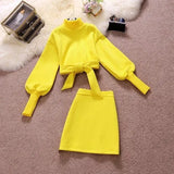 Ropa Mujer Fashion 2 Piece Set for Women Turtleneck Lantern Sleeve Bandage Hoodies Bodycon Mini Skirt Suit Elegant