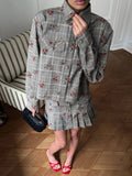 Fongt Plaid-Print Set Shirt-Style Jacket With Hundreds Of Folded Skirt Autumn And Winter Crumuml Flower Design Sweet Retro Woman