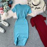 Fongt Solid-Color Temperament Round-Neck Knitted Tight Skirt Dress Bag Hip One-Step Skirt Dress Mid-Long Model