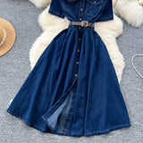 Fongt Version Of Fashion Casual Denim Dress Women Retro Collar Short Sleeve Single Buckle Waist Swing Shirt Long Skirt
