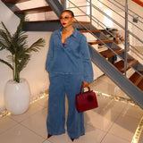Fongt Wind High-End Retro Lapel Long-Sleeved Cowboy Topess 2025 Autumn Dress High-Waisted Casual Broad-Legged Straight Trousers
