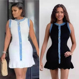 Fongt Women's Explosive Cowboy Tuxedar Side Knitted Short-Sleeved Vest Skirt