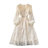 Fongt Style Femininity Waist Thin Knee Long Sleeve First Love Dress A Elegant Temperament V-Neck Lace Dress