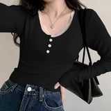 New Spice Girl Style Round Collar Single-Breasted Lace Stitched Pure Long-Sleeved Knitted Blouse-Outfit