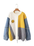 Fongt And Winter Cowboy Sleeve Splicing Bumpy Smiley Face Loose-Fitting Sweater Round Collar Knitted Bottoming Shirt Woman