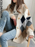 2022 Plaid Chic Cardigans Button Puff Sleeve Checkered Oversized Women's Sweaters Winter Spring Sweater Tops