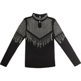 Style Slim Chic Rivet T-shirt Fashion Solid Color Spring Autumn Tassel Women's Clothing Stand Collar Cut Out Pullovers 2023-Outfit