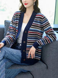 Striped Knit Cardigan Slim Elegant Knitwears Coat Casual Soft Malhas Casaco V-neck Tops Jackets New Woman Sweater