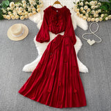 Fongt Style Pink Three-Dimensional Flower Collar Lantern Sleeve Shirt Lady Autumn High-Rise Dress Set