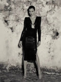 Sexy Temperament V-Neck Snake-Shaped Accessory Long-Sleeved PU Leather Ass Leather Dress Autumn And Winter New