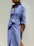 Fongt Explosion Autumn Five-Sleeve Striped Sides On Both Sides Of The Fork Shirt Dress Woman