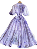 Fongt Retro-Print Collar Bubble-Sleeved Dress Women's Summer Straps To The Waists To Show A Thin Swollen Dress