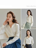 Acetate Fibre V-Neck Full Sleeve Women Shirt 2022 Spring New Shirt Solid Color Causal Loose Office Lady Women Tops