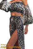 Sexy Skirt Sets Summer Fall Vacation Women Temperament Leopard Strapless Puff Sleeve Crop Top Split Skirt Women's