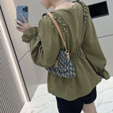 Shirring Beading Shirt Elegant Waist Square Collar Spring Autumn Women's Clothing Commute Basic Solid Color Folds Blouse-Outfit