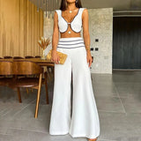 Fongt 2023 New Fashion Contrast Color Low-Cut Sexy Short Vest Casual Pants Suit-Outfit