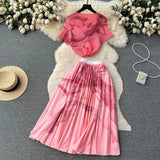 Blooming Printed Skirt Suit Women's New Thread Temperament Half-high Collar Top + Pleated Skirt Two-piece Set-Outfit