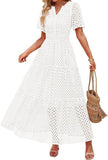 Fongt Women's V-Neck A-Shaped Hollow Lace Cake Dress