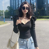 Women Off Shoulder Puff Ruffle Long Sleeve T Shirt Ladies Solid Casual Tops Solid Color-Outfit
