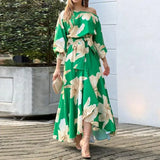 Fongt Temperament Elegant Inclined Shoulder Dress Ins Print Lantern Sleeve High-Waisted Dress
