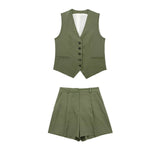 Fongt Women's 2025 Spring New Fashioned Colored Flax-Blend Vest + Shorts Set