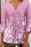 Floral Print Summer Blouse Women Elegant Simple Shirt V Neck Button 3/4 Length Sleeve Casual Holiday Basic Tops