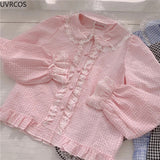 Women Preppy Style Sweet Lolita Blouses Cute Bow Lace Ruffles Plaid Shirt Gothic Girly Kawaii Long Sleeve Harajuku Blusas Mujer-Outfit
