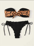Bikini 2022 Woman Sexy Front Lace Up Tie Strapless Leopard Swimsuit Female Push Up Ruffled Bow Bathing Suit Thong