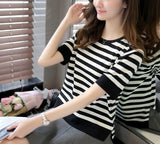 Fongt Summer New Women's Loose Korean Version Of Plus Size Jacket Black And White Stripe Front Short Back Long Short Sleeve T-Shirt Female