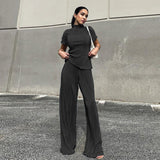 Fongt 2023 Summer New Thin T-Shirt High Waist Blue Pleated Floor Pants Casual Women's Fashion Suit-Outfit