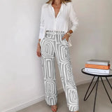 Fongt Summer Women's Casual Long Sleeve Lapel Shirt Print Wide-Leg Pants
