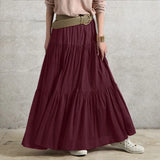 Stylish Women Spring Skirts Vintage Elastic Waist Faldas Saia Female Ruffles Maxi Sundress Casual Jupe Solid Long