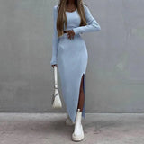 Fongt And Winter 2025 New Women's Pure Color Knitted Round Collar Collar Collar Long Sleeve Open Fork Dress Two Sets Of Women