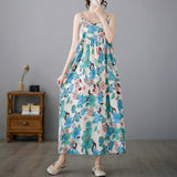 Fongt Summer New Literary And Art Large Print Cotton Dress Women's National Style Sleeveless Slings Long