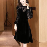 Fongt Velvet Dress Woman 2025 New Spring And Autumn Long Sleeves Chopped Flowers Retro Age-Old Light Style Chic Dress
