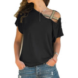 Fongt Explosion Casual Slanted Shoulders Cross Irregular Short-Sleeved Print Women T-Shirts